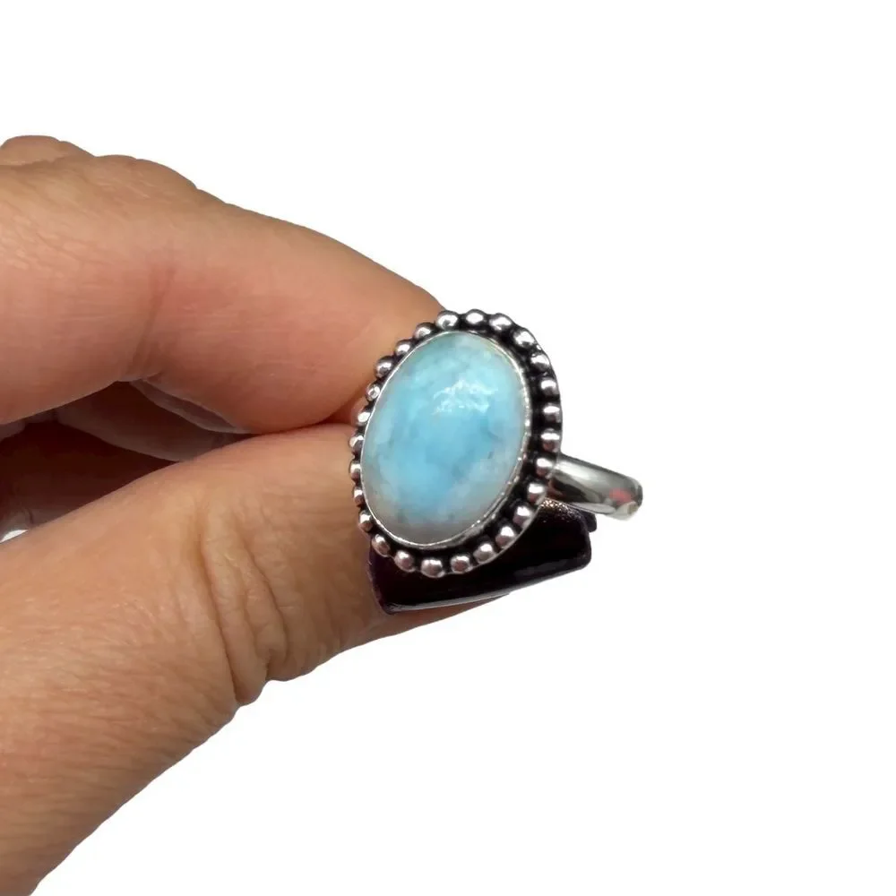 Larimar Ring Size 10 925 Sterling Silver Overlay Natural Stone Blue Oval Boho - Picture 6 of 9